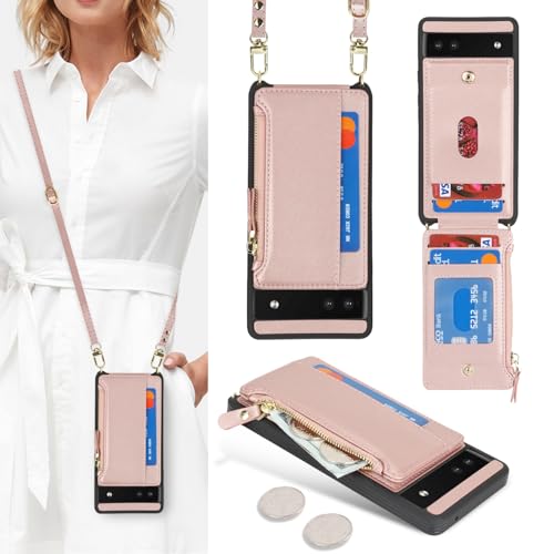 Étui portefeuille Pixel 6a pour femme en cuir rose gold avec porte-cartes Cavor