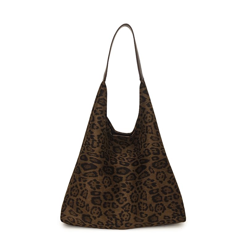 Faux Suede Trendy Shoulder Bag Commute Tote Handbag with Purse (Leopard Khaki)