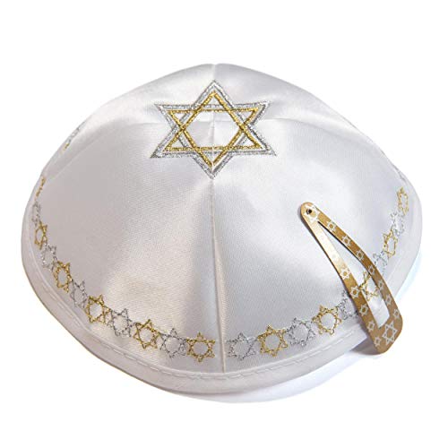 Sinagoga Judía Yarmulke Bordada Blanca de Satén Magen David, 20 cm