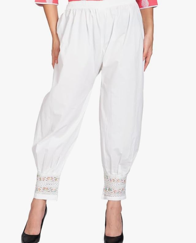 Women's Cotton Afghani Patiala Salwar, White with Lace, Size 30-42-image-41