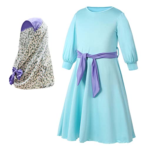 Kids Girls Long Sleeve Muslim Maxi Prayer Dress Clothes Solid Muslim Dresses for Girls + Floral Print Hijab 2-9 Y