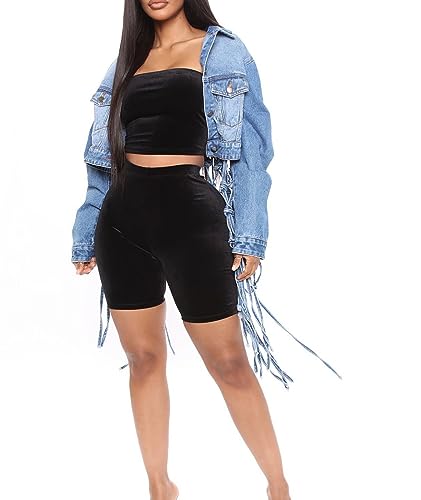 Sexyshine Women's Long Fringe Cropped Denim Jacket Back Hollow Out Knotted Tassel Distressed Blue Button Down Jean Coat2