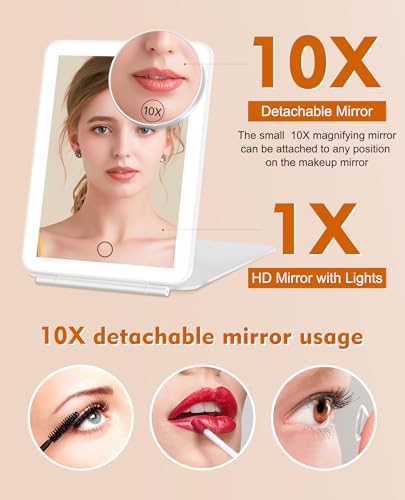 Image of FUNTOUCH Rechargeable Travel Makeup Mirror with Lights and 10X Magnifying Mirrors, Portable Lighted Vanity Mirror with 80 Led,2000mAh Battery,3 Color Lighting,Touch Dimming,Tabletop Light up Mirror