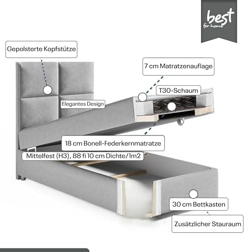 Best For Home Trinity K2 Boxspringbett Single Bonellfederkern | Boxspringbett mit Matratze und Topper | Boxspringbett 80x200 mit Bettkasten| Einzelbett | Polsterbett - Lieferung an die Bordsteinkante – Bild 7
