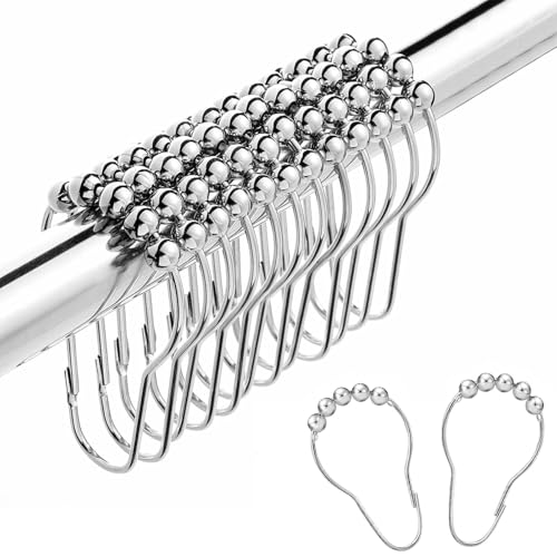 12pcs Stainless Steel Shower Curtain Hooks, Shower Curtain Rings, Anti Slip Roller Balls for Easy Glide, for Bathrooms | Rust-Resistant | Easy To Open