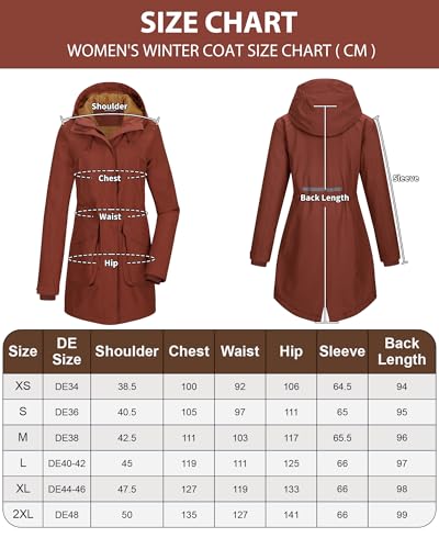 33,000ft Damen Wintermantel Lange Warme Winterjacke Wasserdichte Winddichte Parka Regenjacke Verdickene Funktionsjacke Mit Kapuze Übergangsjacke Outdoorjacke, Kirschrot L