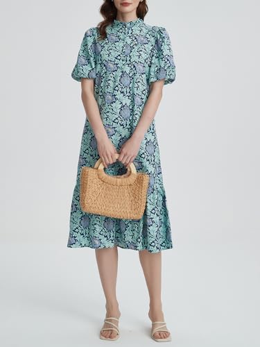 Image of Summer Floral Midi Dress for Women Spring Puff Short Sleeve Button Down Flowy Boho Dresses
