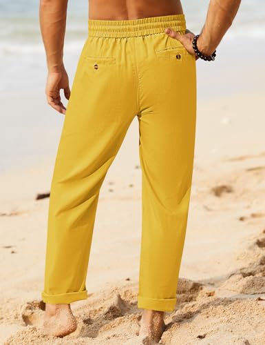 Image of iWoo Linen Pants Men Casual 2025 Summer Beach Elastic Drawstring Waist Yoga Pants Travel Baggy Work Pant Pajama