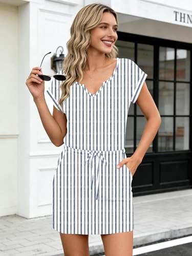 Image of SAUKOLE Women Summer T Shirt Dress Casual Short Sleeve V Neck Dress with Pockets Drawstring Waist Short Dresses