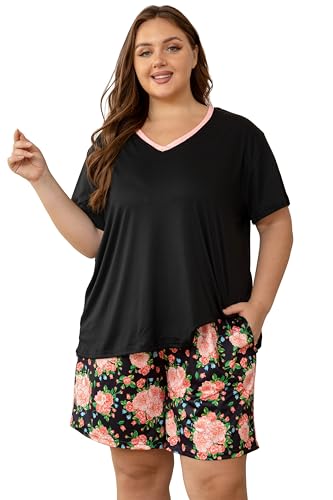 Image of Vozanet Women's Short Sleeve Top and Shorts Pajama Sets Plus Size V Neck Colorful Flower Nighty Loungewear With TWO Pockets