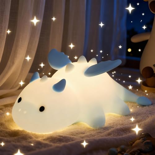 CECOMBINE Dragon Night Light, Cute Soft Silicone Lamp, 3 Level Warm Light with 7 Colour RGB Changing, 30-Minute Timer, Portable LED Light for Bedroom Bedside Decor, Christmas Birthday Gifts (Blue)
