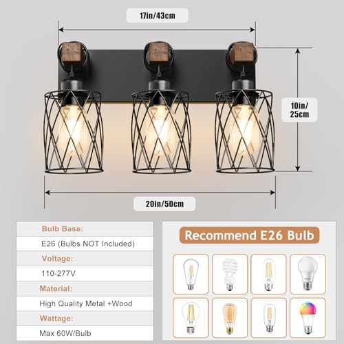 Image of IZORRO Farmhouse Bathroom Vanity Light, 3-Light Wood Bathroom Light Fixtures Over Mirror, Black Industrial Vanity Lights with Metal Shade, Rustic Restroom Lighting Fixtures