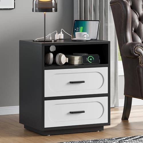 Image of 3 Pieces Bedroom Set, Queen Size Bed Frame with Storage Headboard, 2 Nightstands with Charging Station, Black