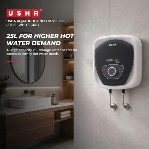 Image of USHA AquaBuddy Neo Geyser 25 Litre 5 Star BEE Rating | Copper Heating Element | Storage Water Heater with Anti-Rust Protection | Warranty: 8 Yr Tank, 2 Yr Product