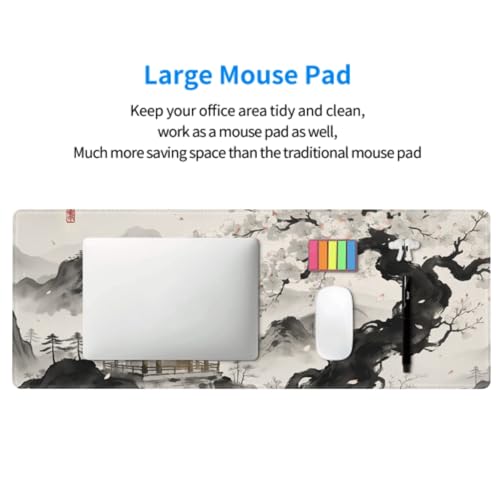 Image of Black Grey Japanese Mouse Pad 31.5x11.8 XL Watercolor Painting Cherry Blossoms Extended Large Mousepad Keyboard Mouse Mat Desk Pad with Non-Slip Rubber Base Stitched Edges for Home Office Game