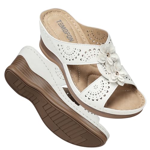 Image of TEMOFON Womens Wedge Sandals Leather: Comfortable Walking Shoes Summer | Fit Wide Foot - Cute Style - Wear True Size 5-11