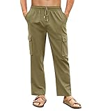 PASLTER Mens Linen Cargo Pants Lightweight Elastic Waist Drawstring Casual Loose Summer Beach Yoga Pants with Pockets A-Army Green