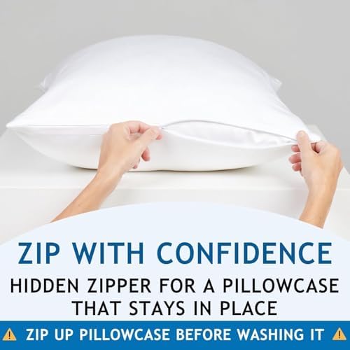 Pillow Cases, 100% Viscose Derived from Bamboo, Cooling Pillowcase, King Size, White, Set of 2 Zippered, for Hot Sleepers - Image 3