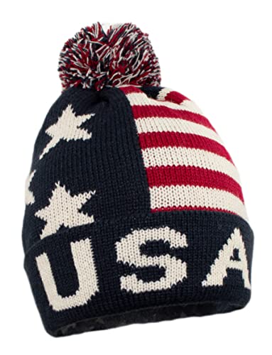 Rising Phoenix Industries Beanie-Mütze mit USA-Bling, mit Bommel, gestrickt, amerikanische Flagge, Rot, Weiß und Blau, kein Glitzern, Einheitsgröße Cover