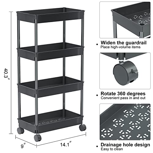 Sooyee 4 Tier Wide Storage Cart Mobile Shelving Unit Organizer Slide Out Storage Rolling Utility Cart Tower Rack For Kitchen Bathroom Laundry, Plastic & Stainless Steel,Black #TOP6