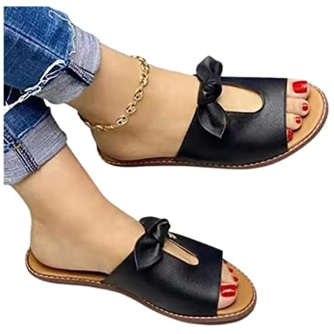 LEIYAN Women's Peep Toe Slippers PU Upper Casual Sandals Low Flat Heel Slide Shoes Hollow Upper Woman Slider Bowknot Decor Size 35-43 Cover