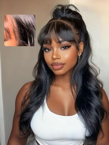 Image of Beauty Forever 13x4 Pre Everything Lace Frontal Glueless Wigs Human Hair Pre Plucked Pre Cut Black Fluffy Natural Loose Wave Curtain Bangs Wig Ready to Wear Wig for Women 150% Density 16 Inch