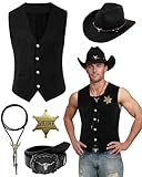 WooHand 5 Pcs Western Outfits for Men Cowboy Suede Leather Vest Hat Necktie Buckle Belt Sheriff Badge for Halloween Costume Party Black