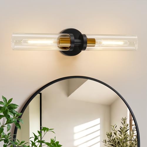 Image of Indoi Black and Gold Wall Sconce, Hardwired Bathroom Sconces Wall Lighting with Clear Glass, Modern Sconces Wall Light fixtures for Bathroom Mirror Living Room Hallway Bedroom