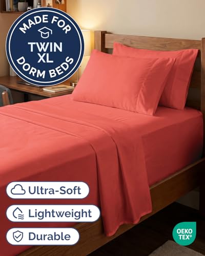 Image of Extra Deep Twin XL Sheet Set - 4 Piece Breathable & Cooling Sheets - Coral | Hotel Luxury Bed Sheets Set, Easy & Secure Fit, Ultra-Soft, Wrinkle & Fade Free, Comfy Sheets Set with Extra Deep Pockets