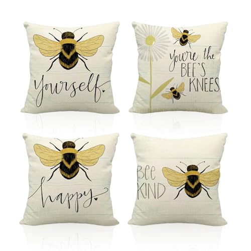 USHXVG 4 Pieces Cushion Cover, Bee Pillow Cover, Linen Pillow Cover, Cartoon Animal Cushion Cover, Pillow Accessories, Living Room Sofa Bed Decoration