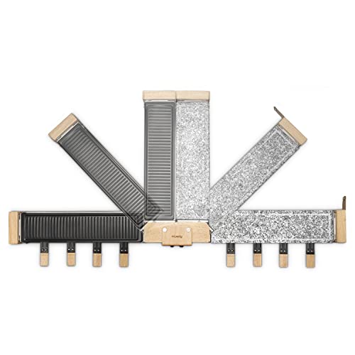 H.Koenig Raclette-Gerät für 8 Personen, WOD360, Stein Granit und Naturholz, 180 ° drehbar, abnehmbare Platten, 8 Pfannen und 8 Pfannenwender aus Holz, 1400 W