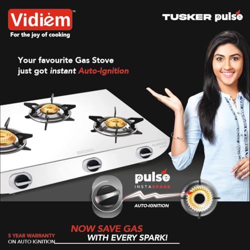 Image of Vidiem Tusker Pulse Stainless Steel 3 Burner Gas Stove with Brass Burners, Auto Ignition Gas Stove, High Gloss Finish, Large Cooking Surface, ISI Certified, 5 Years Warranty
