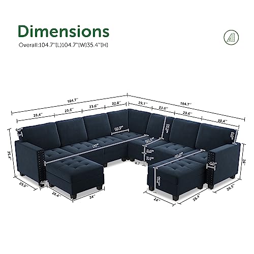 Honbay Velvet Convertible Sectional Sofa With Storage Ottoman Oversized U Shaped Couch With Reversible Chaise Corner Sectional Sofa, Dark Blue #TOP1