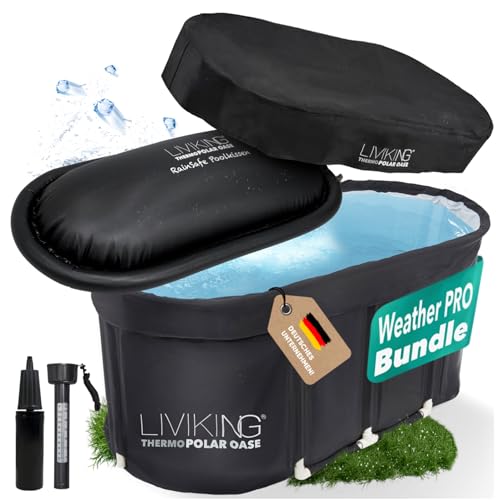LIVIKING® Eisbad + Faltbare Badewanne Erwachsene [120 cm - KOMFORT BUNDLE] Eisbaden Tonne, Mobile Badewanne Outdoor & Eistonne – Jetzt Eintauchen! (WeatherPro Bundle, schwarz)