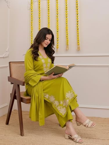 Image of ANNI Designer Pure Cotton Embroidered Kurta Set for Women | Rust Orange Kurta with Pants & Dupatta | Floral Neck & Hem Embroidery | Cotton Kurta Set for Women | 10 Colour Options Available