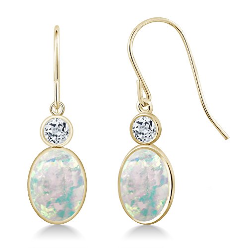 Gem Stone King 2.38 Ct Oval Cabochon White Simulated Opal White Topaz 14K Yellow Gold Hook French Fish Ear Wire Dangle Earrings #TOP24