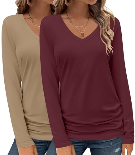Bliwov 2 Pack Womens Long Sleeve V Neck Tops Fall Winter Outfits Spring Trendy T Shirts 2025 Casual Fashion Clothes