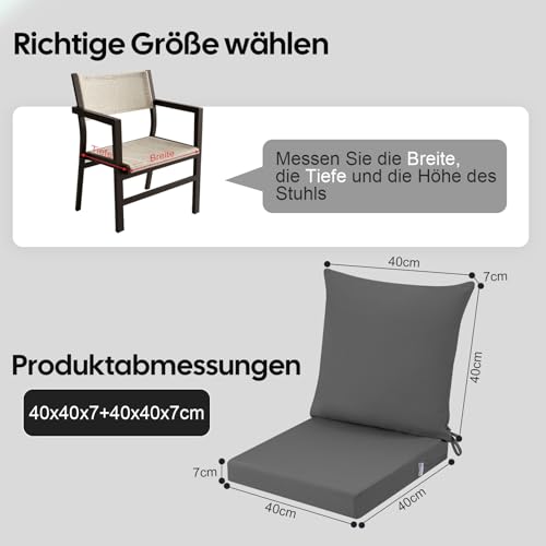PRIMEPATIO Sitzkissen Outdoor mit Rückenlehne, Wasserdicht Gartenmöbel Sitzpolster mit Hochdichte Schwammfüllung, Stuhlkissen mit Abnehmbarer Bezug für Balkon, Terrasse, Gartenstuhl, 40x40x7cm, Grau