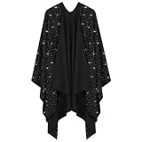 REEMONDE Womens Rhinestones Open Front Poncho Shawl Wrap Cape Ruana Travel Blanket Cardigan (Black)