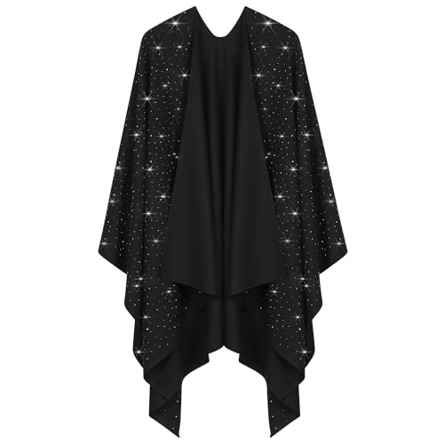 Image of Womens Rhinestones Open Front Poncho Shawl Wrap Cape Ruana Travel Blanket Cardigan