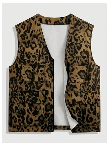 Verdusa Men's Leopard Print Zip Up Cargo Vest Sleeveless V Neck Jacket Outerwear3