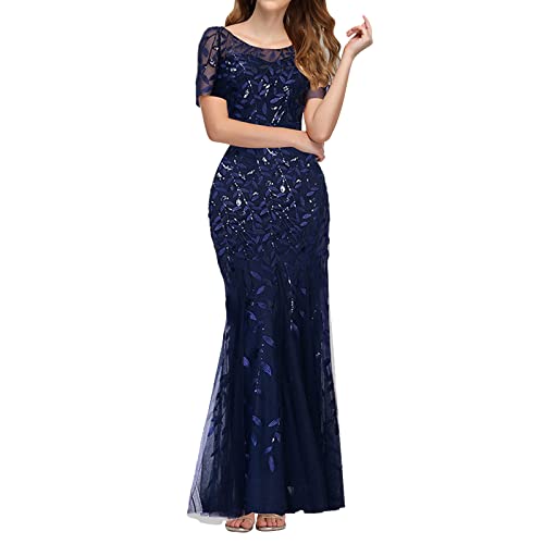 Vestido de fiesta para mujer, vestido largo de cóctel, tallas grandes, festivo, manga corta, con cuello redondo, vestido de noche, gasa, tallas grandes, elegante, para bodas, marine, L