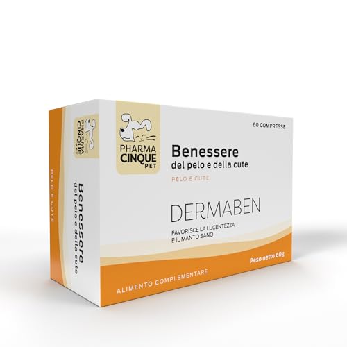 Pharmacinquepet – Dermaben Integratore Per Cani E Gatti, Riduce Le Irritazioni Della Pelle E La Perdita Di Pelo. Favorisce La Lucentezza Del Pelo, Alta Appetibilità. 60 Compresse.