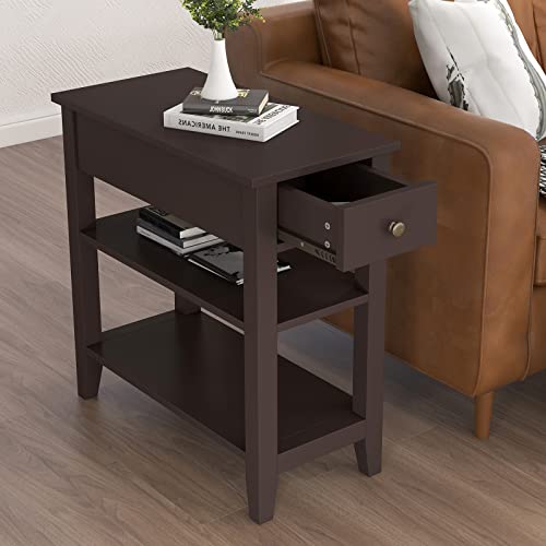 ChooChoo Side Table Living Room, Narrow End Table with Drawer and Shelf, 3-Tier Sofa End Table for Small Space, Espresso - Image 2