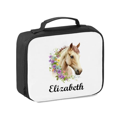 Pickhut Horse Lunch Bag Personalised with Name Pony Horse Riding Gift for Girl Lunch Box School Equestrian Gift for Her (White Horse)