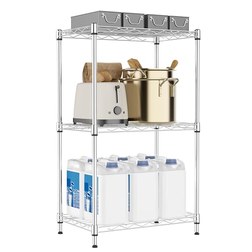 M MZG 3 Etagen Regal aus Metall, Drahtregal, Schrank-Organizer mit Rad für Garage, Küche, Badezimmer, Wäsche 135 Kg Maximale Tragkraft Chrom 30 x 45 x 73,2 cm