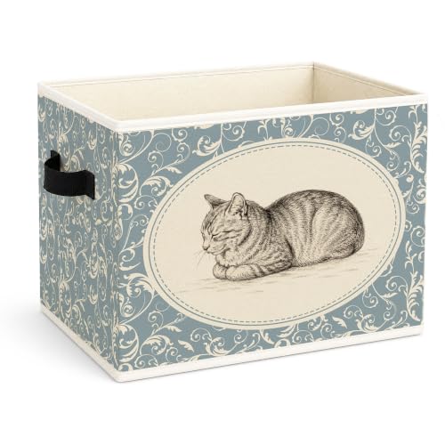 Tabby Cat Storage Bin, Vintage Blue Foldable Fabric Organizer Basket