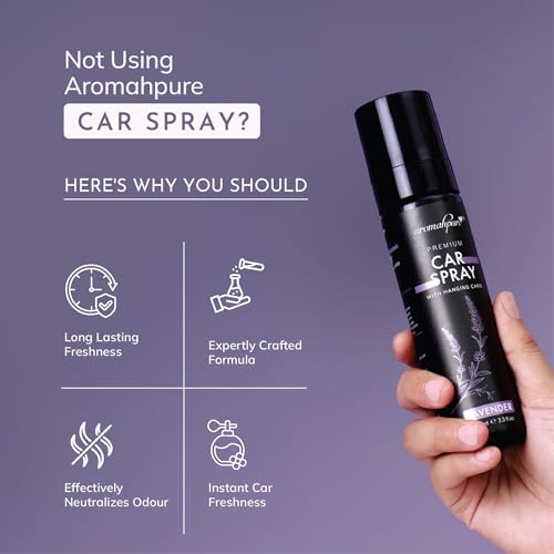 Image of Aromahpure Lavender Car Perfume Spray | 100ml | with Hanging Card | Long Lasting 800+ Sprays Car Fresheners | Travel Friendly Car Air Freshener | CFC Free &Fast Acting Formula