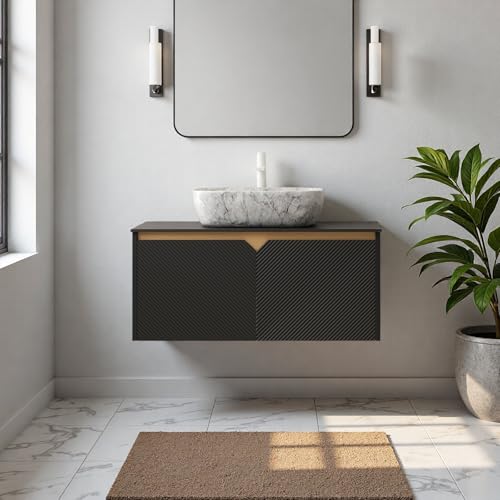 Image of Floating Bathroom Vanity with Sink, 36 inch Bathroom Storage Cabinet with Sintered Stone Countertop & Marble-Pattern Ceramic Basin, Wall-Mounted Vanity with 2 Twill Pattern Doors, Black