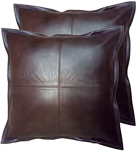 Qawach Lambskin Leather Pillow Cover - Sofa Cushion Case - Decorative Throw Covers For Living Room & Bedroom, 22 X 22 Inches - Dark Brown Box Pack Of 2 #TOP1